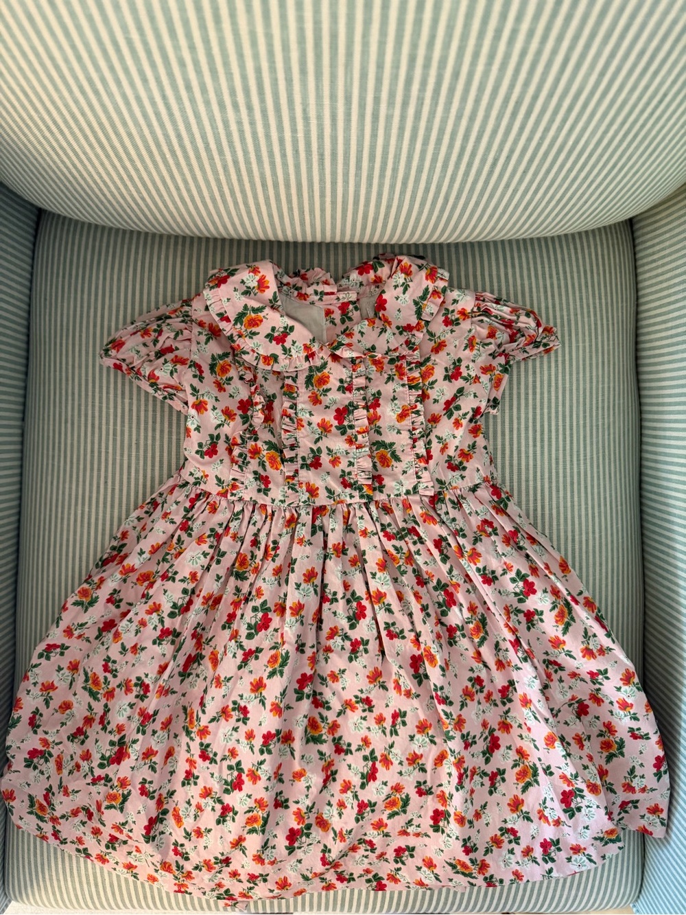 Rachel Riley Pink Floral Ruffle Dress with Red and Green Accents